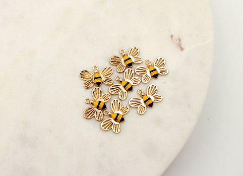 set of 2, black and yellow enamel bee charm, 17mm x 11mm, hole 1mm